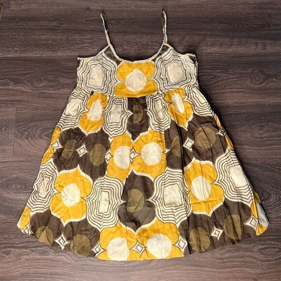 Chaudry KC Mid Century Modern Mini Babydoll/Sundress, Cream/Brown/Gold-Large-NWT - Picture 1 of 13